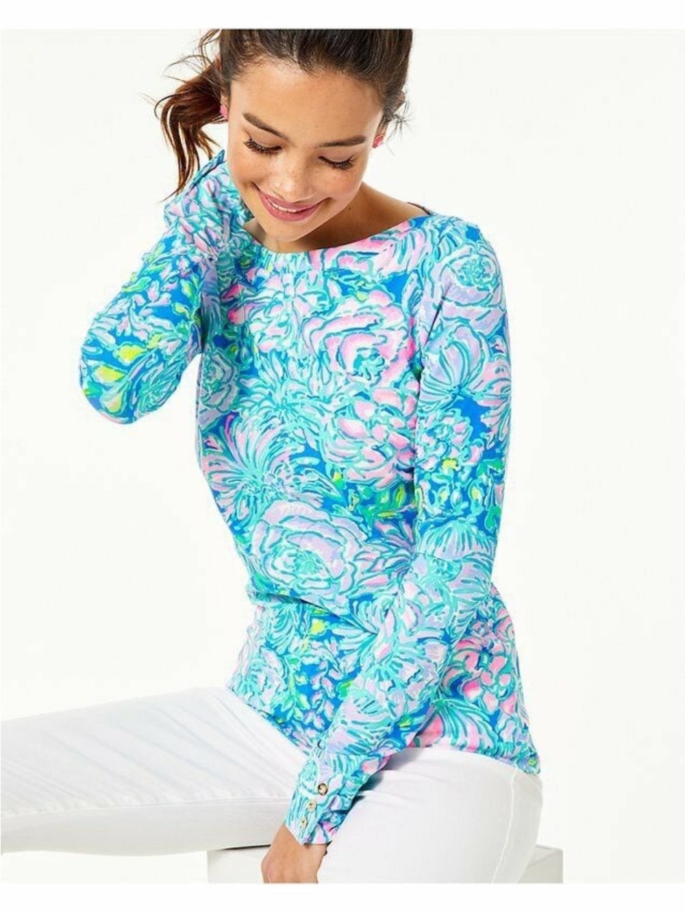 Lilly Pulitzer Aleah Top XL In Full Bloom Floral Long Sleeve Gold Button NWT